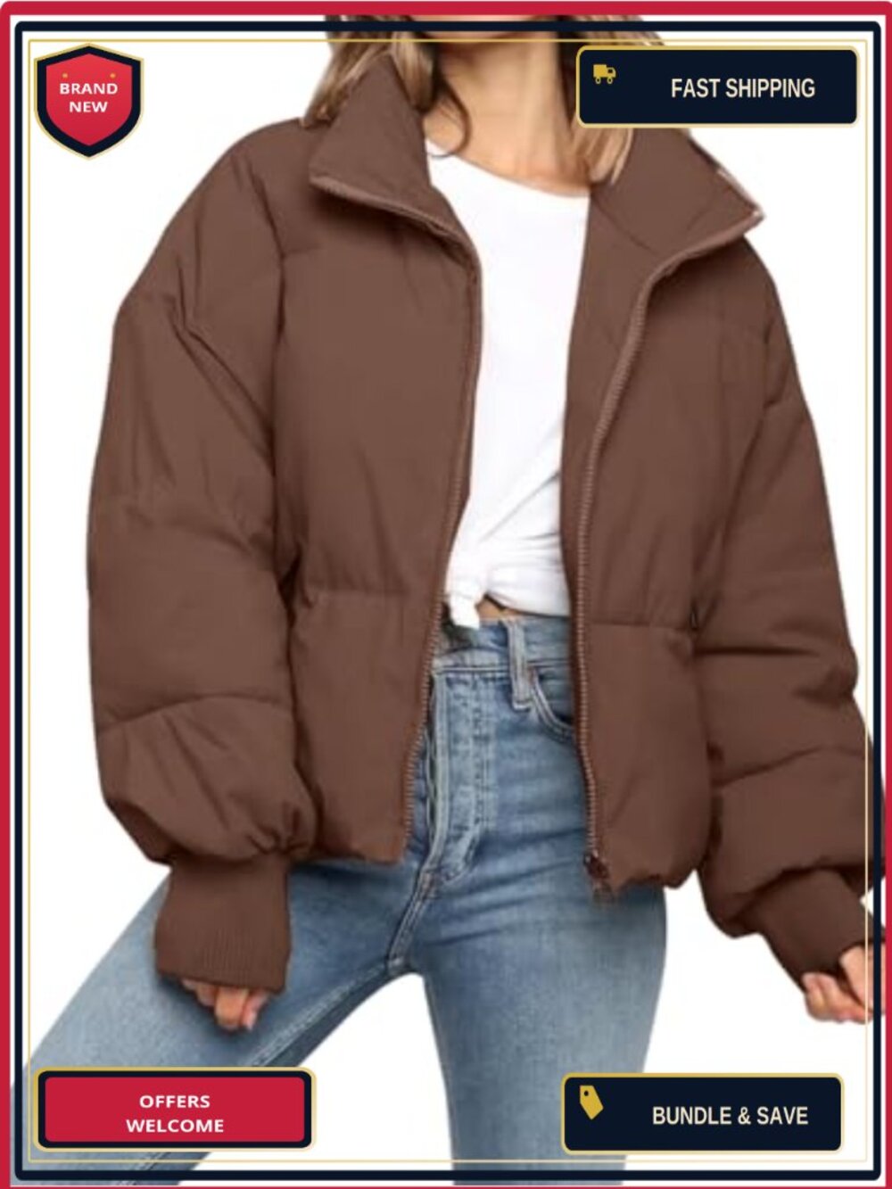 Cropped Quilted Puffer Jacket for Women - Warm Windproof Winter Coat with